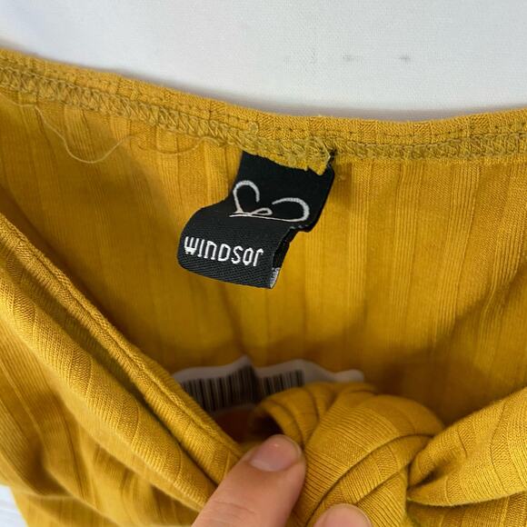 Windsor M Mustard Marigold Yellow Ribbed Knit Tie Knot Front Cami Crop Top - Picture 5 of 7